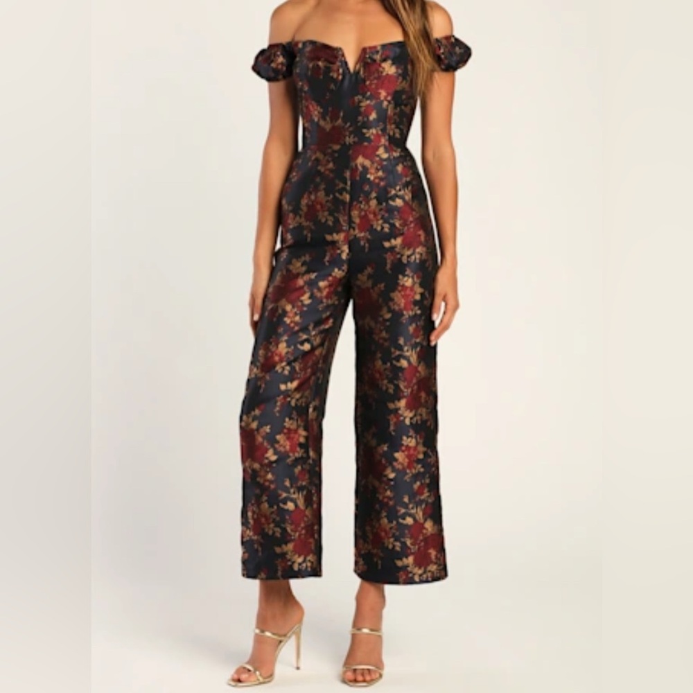 Lulu's Navy and Burgundy Floral Jumpsuit